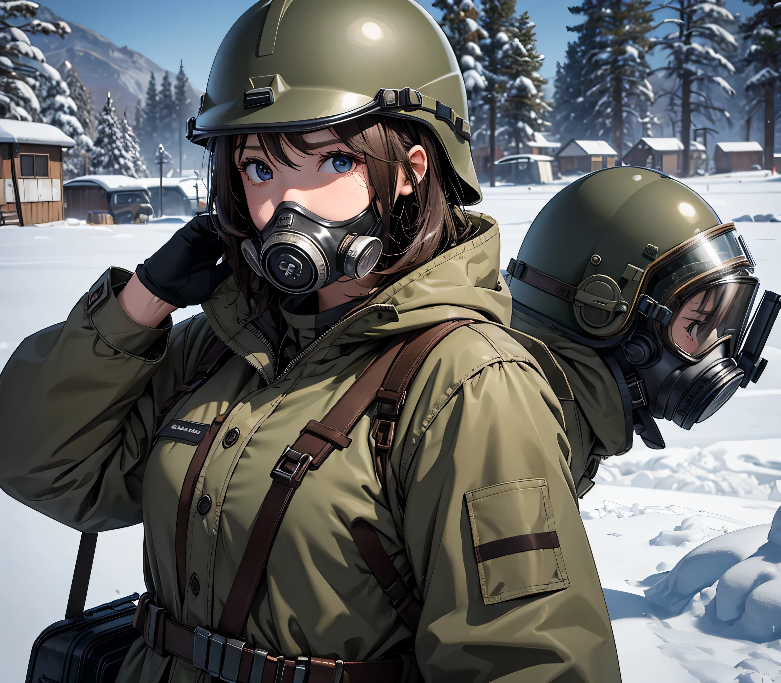 A group of female soldiers wearing thick brown coats、Wear a steel helmet、Gas Mask、goggles、Snowy military camp、Write details、masterpiece、best quality、Highly detailed CG、8K picture quality