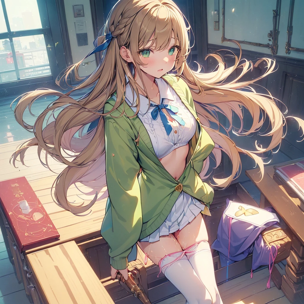 (masterpiece, Highest quality), (((Perfect Anatomy, Anatomically correct))), ((1 Girl)), Long hair, Braiding、Blunt bangs, Light brown hair, happiness, Green Eyes, hair ornaments, School_uniform, short_Dispel, just_feet, blue sky, window, Front view, Insights,The body is slim, Compresses on the chest, ((Beige cardigan,Green pleated skirt、Blue Neck Ribbon、White knee-high socks)),Pastel colored pantiesが見えている、((Pastel colored panties))、((Shiny panties))、((Normal location:1.4))、(((Straddle)))，((feetを開いて座らされた…))、((orgasm:1.6)),((((M-shaped legs:1.1))),((Lift up your shirt:1.5)),((Showing off your bra)),(((Lace bra))),Award-winning bra designs、Random Color Bra、((((M-shaped legs:1.1)))、((orgasm:1.3)),((((M-shaped legs:1.1))),(((Sex with a man))),(Vagina Penis),Erotic atmosphere,Stupid,shortness of breath:1.6,((Pussy juice:1.3))