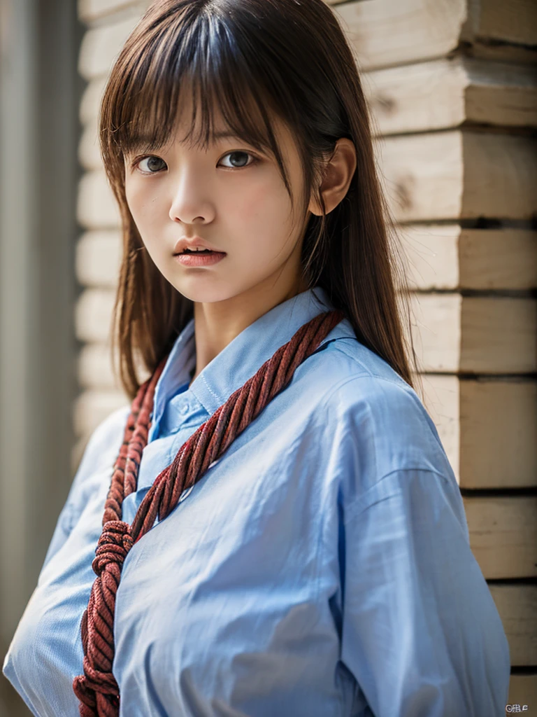 ((highest quality, 8K, masterpiece :1.3)), Photorealistic、Ultra-high resolution、Natural skin texture、Hyperrealism、Photograph from the knee up、Beautiful Japanese girl in her early s、White collared shirt、Rope tied around chest、Angry expression