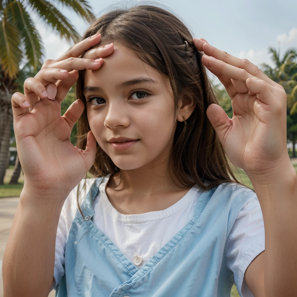 A  playing a woman standing putting her two fingers on her head touching her head and hair from both hands with the other fingers extended straight upwards. 