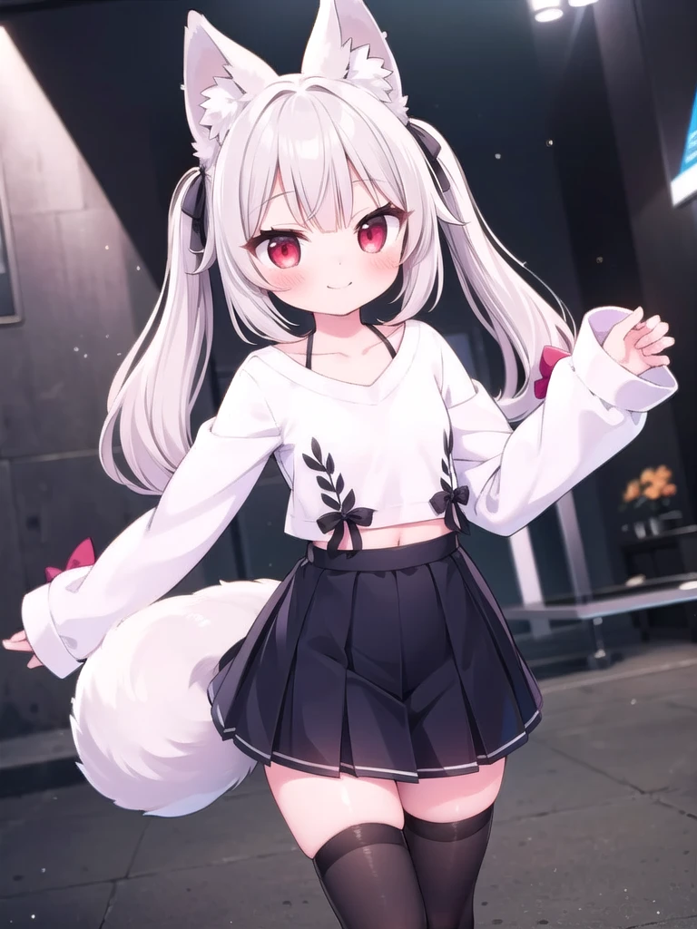 1girl, masterpiece, best quality, perfect hands, grey hair, long hair, twintails, bangs, animal ears, fox ears, animal ear fluff, red eyes, tail, fox tail, shirt, white shirt, long sleeves, sleeves past wrists, bow, hair bow, red bow, ribbon, skirt, black pleated skirt, fox girl, smile, blush, navel, black hair bow, black thighhighs