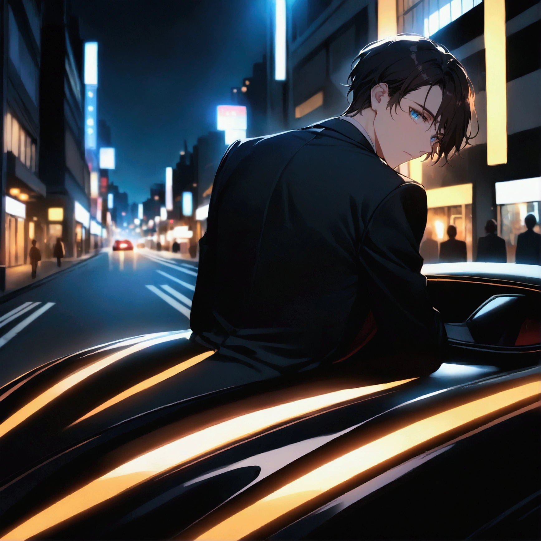 A young man with dark hair and blue eyes in a black suit turned his back and half his face in the middle of the city, leaning on a sports car at night.