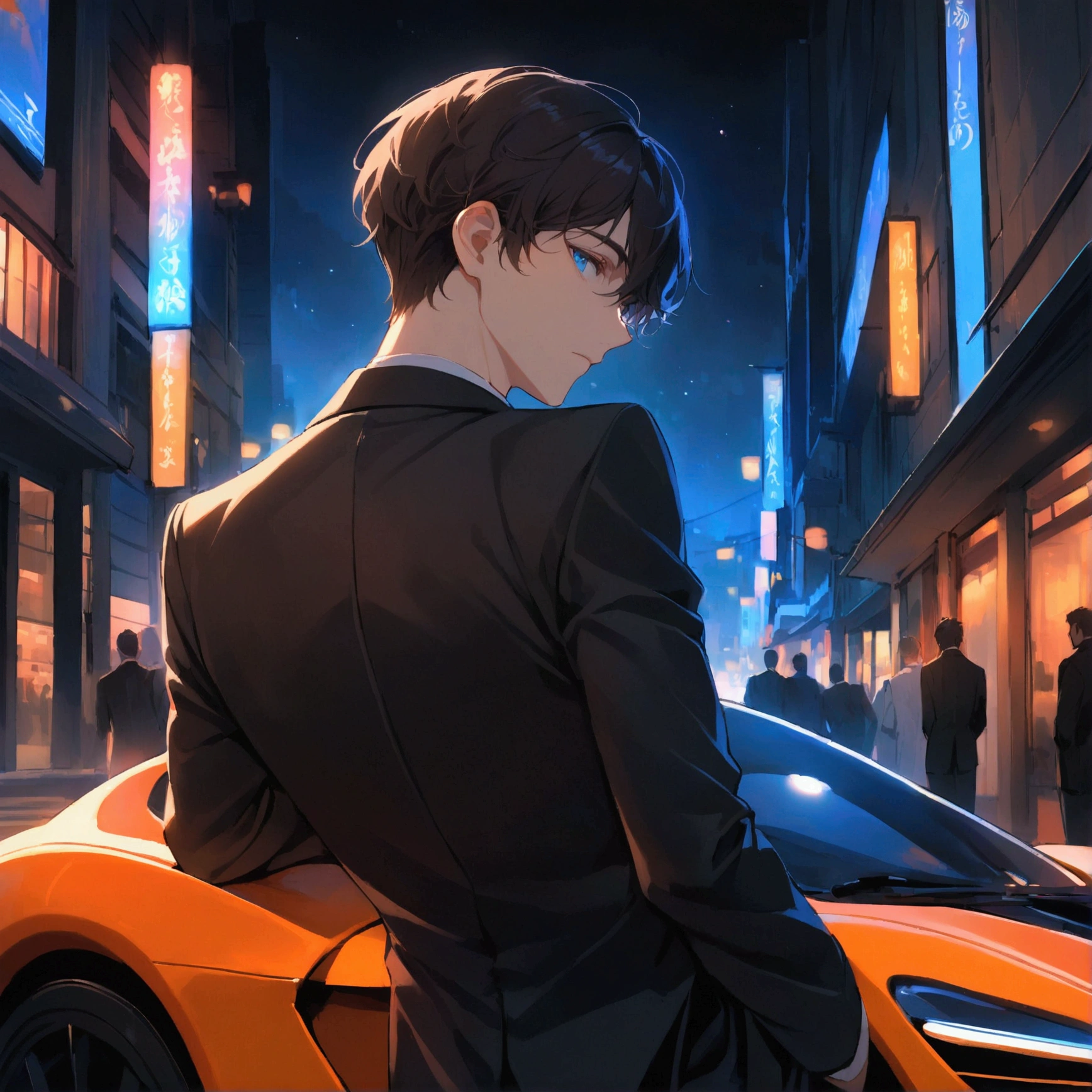 A young man with dark hair and blue eyes in a black suit turned his back and half his face in the middle of the city, leaning on a sports car at night.