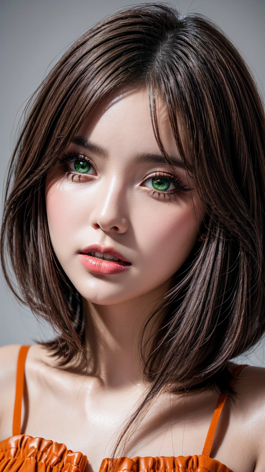 photorealism 16K realism, (Hyper-realistic proportional body, anatomically correct:1.3), ((ultra-fine digital art)), ((intricately detailed beautiful face)), (light pale complexion), BREAK, (small round head)),(high detailed realistic Super beautiful slim and sharp-face), (best highest detailed realistic green eyes:1.29), ((super realistic sharp-eyes:1.2)), (tired and sleepy and satisfied:0.0), ((close up of a woman's eyes:1.25)), perfect round eyes, finely detailed pupils,BREAK,detailed lips:1.3,pink_makeup:1.22, (long_blue_eyeliner:1.28), (red_lipstick:1.35),((perfect dark_eyeshadows:1.4)), ((super detailed professional makeup on eyes:1.27)), (Detailed nose:1.2), (best high quality real texture skin:1.3), ((short red hair, ((bangs combed to one side)), intricate details:1.35)), beautiful cheekbones, dramatic lighting, ((perfect composition)), pale skin, ((dry skin)), only 1 female, petticoats, ((high neckline)), (lace ultra details), (((detailed embroidery))), (Intricately detailed workmanship), ((unconventional skirt transparent PVC in the shade of ORANGE:1.33)), ((Shiny ORANGE Transparent Holographic Full Bodysuit: 1.3)), cinematic light, detailed background of a large park with trees, dynamic pose, ((no decorations in the hair)), (dark shot:1.1), (firm normal full breasts), 