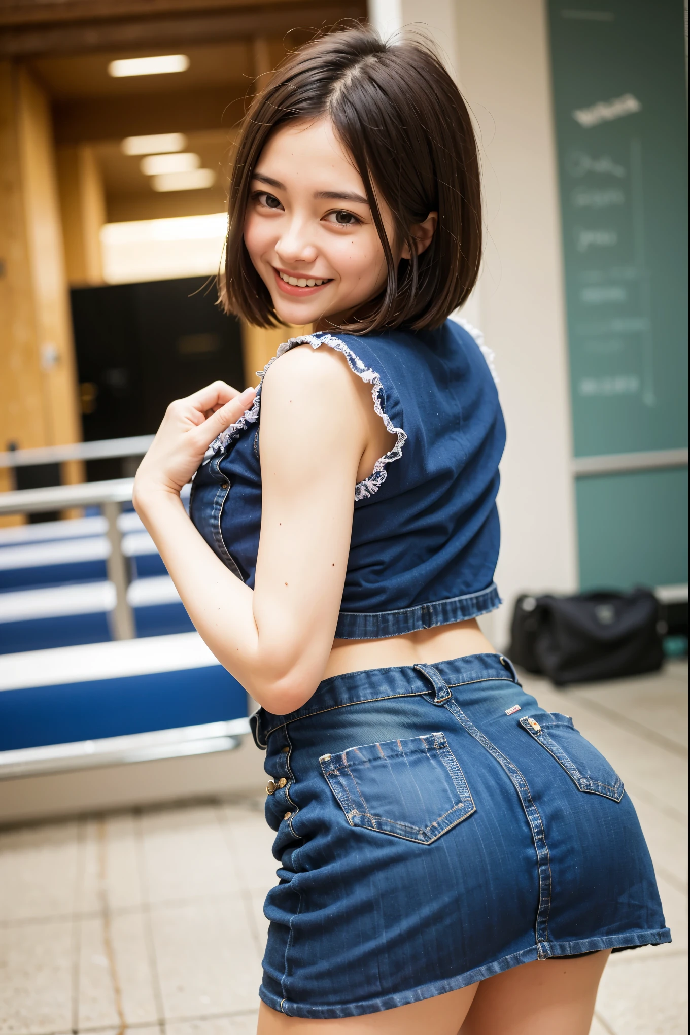Top quality, 1 beautiful woman, super short Hair, mini skirt , Giddy Smile, Booty pose, at school 