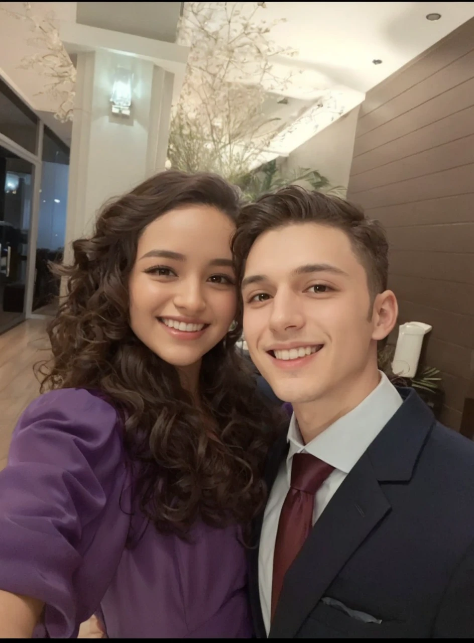 young long curly hair woman in a purple dress and young man in a suit hugging each other looking at the photo