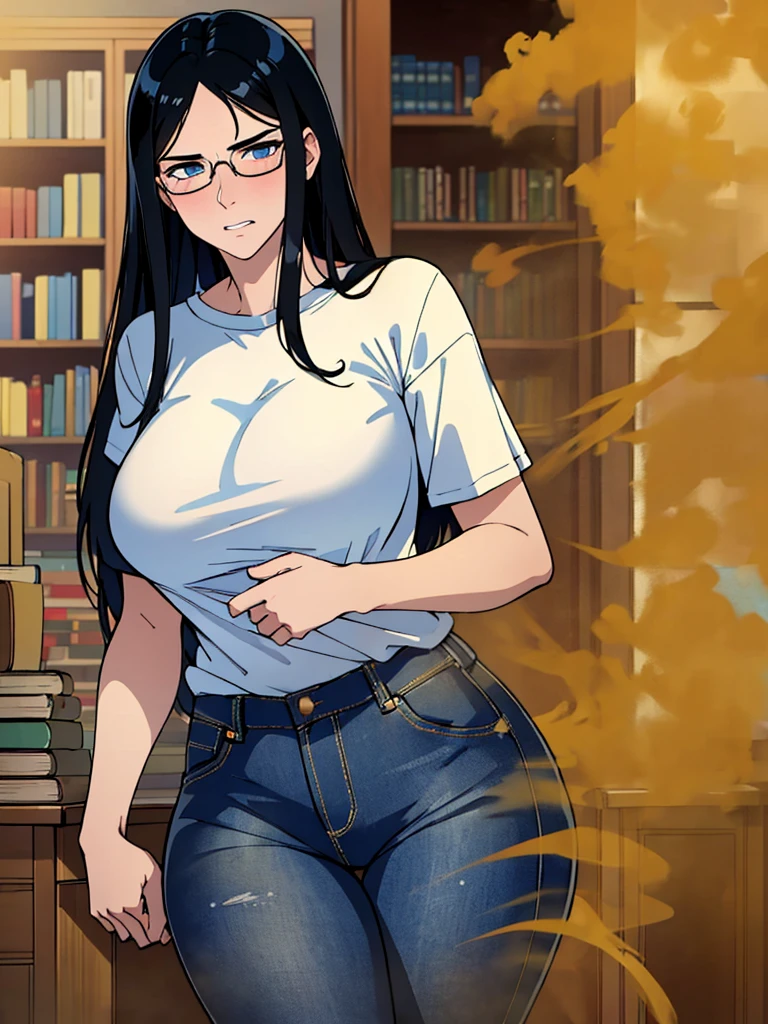 (best quality:1.4),masterpiece,ultra-detailed,delicate features,delicate skin,realism,beautiful lighting,1girl,black hair ,blues eyes ,tareme,long hair,gleaming skin,glasses, oversized tshirt, blue jeans, massive fart, yellow smoke rising, blush, clenching teeth, library