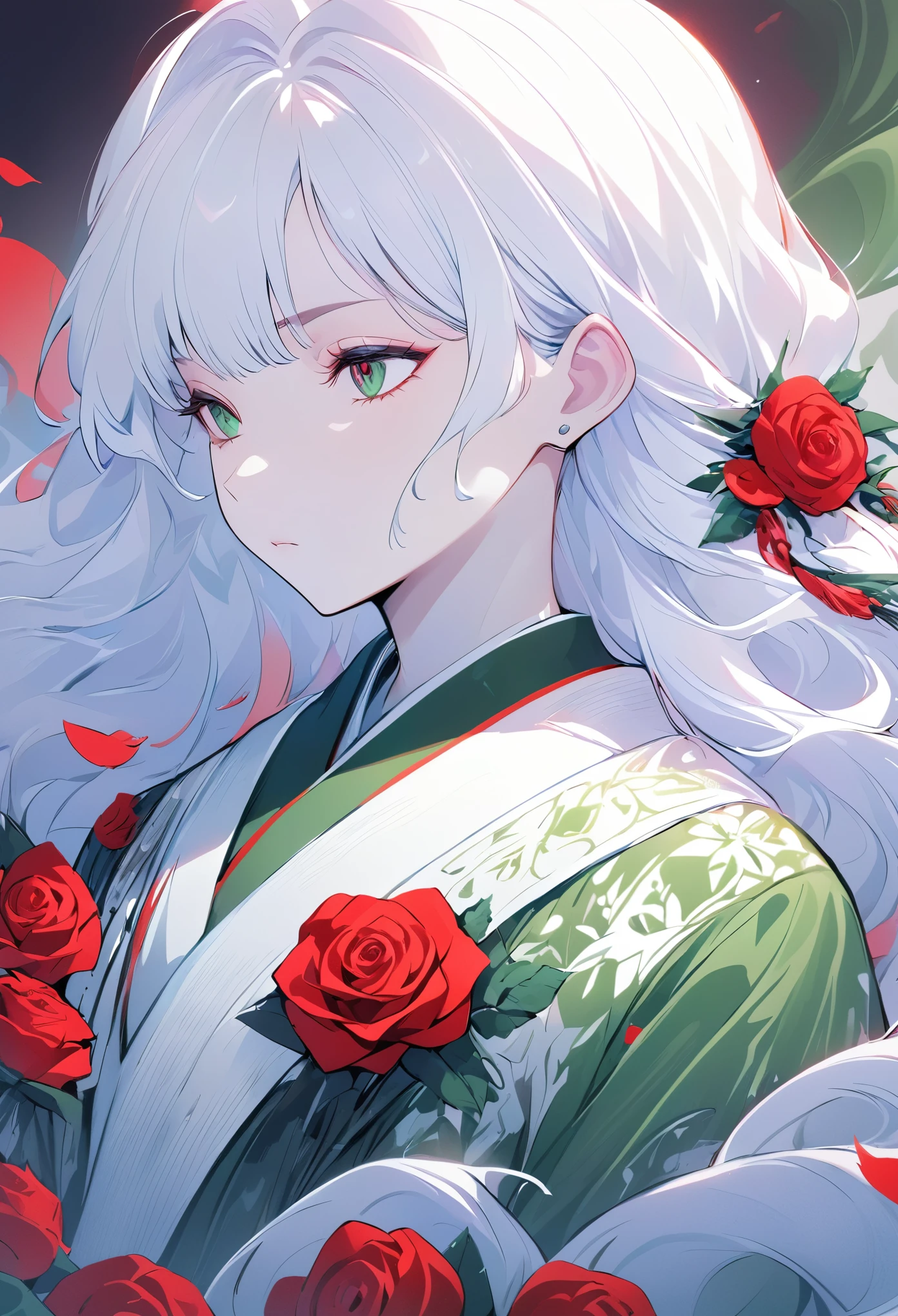 Hand drawn illustrations,Texture Noise,A woman,White long hair,Wearing a green dark pattern robe,The body is supported by red roses,Strong contrast