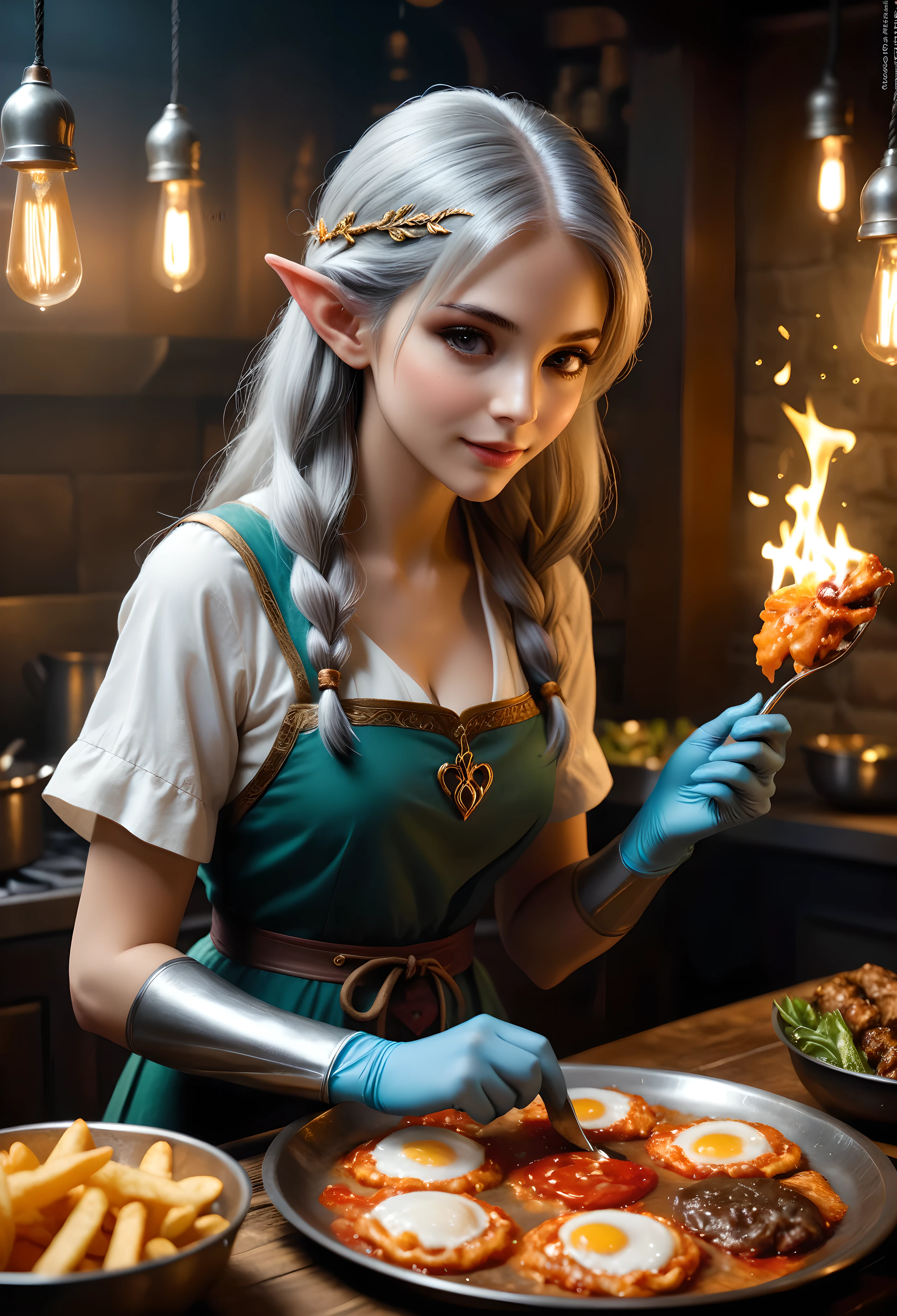 a pretty silver hair female elf cooking fast food with magic, magical fast food kitchen, medieval cooking utensils, magical handgloves, fantasy atmosphere, dramatic lighting, intricate details, cinematic composition, vibrant colors, ethereal, mystical, cosmic, magical culinary, medieval style, oil painting, masterpiece, best quality, 16k, hyperrealistic, ultra-detailed | (visual experience),(Realism), (Realistic),award-winning graphics, dark shot, film grain, extremely detailed, Digital Art, rtx, Unreal Engine, scene concept anti glare effect, All captured with sharp focus. | Rendered in ultra-high definition with UHD and retina quality, this masterpiece ensures anatomical correctness and textured skin with super detail. With a focus on high quality and accuracy, this award-winning portrayal captures every nuance in stunning 16k resolution, immersing viewers in its lifelike depiction. | ((anatomical correctness))), (((perfect_fingers))), (((perfect_legs))), (((perfect_hands))), ((perfect_composition, perfect_design, perfect_layout, perfect_detail, ultra_detailed)), ((enhance_all, fix_everything)), More Detail, Enhance.
