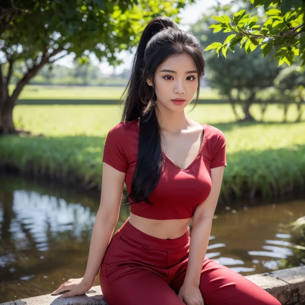 realistic: Open the aperture wide., professional lighting, Sony A7R4, 50 mm sitting lens. 2 ; Warm light, (digital painting, HDR ภาพถ่ายหน้าตรงThai anime, Female anime Araffe 25 30 years old, realistic: Open the aperture wide., professional lighting, Sony A7R4, 50 mm sitting lens. 2 ; Warm light, (digital painting, HDR, high contrast (digital painting, HDR, high contrast),Old jeans torn, bright colored t-shirts, Looking straight at you intently, Long-haired woman with a round face, Red cheeks, Pink cheeks, black eyes ตาสองชั้น, black eyes, Thai anime, Has a large chest size of 38 inches., ponytail woman, flowing black hair, long flowing black hair, she has black hair, Her black hair was long and wavy., beautiful black hair, Extra dark natural black hair, The shirt is tight., Looks hot., ,black eyes,abdominal muscles, rounded chest, outdoor, The background is a rice field., There is an old thatched Thai-style hut in the background., The evening sun shines, beautiful female model, jaw-dropping beauty, realistically,