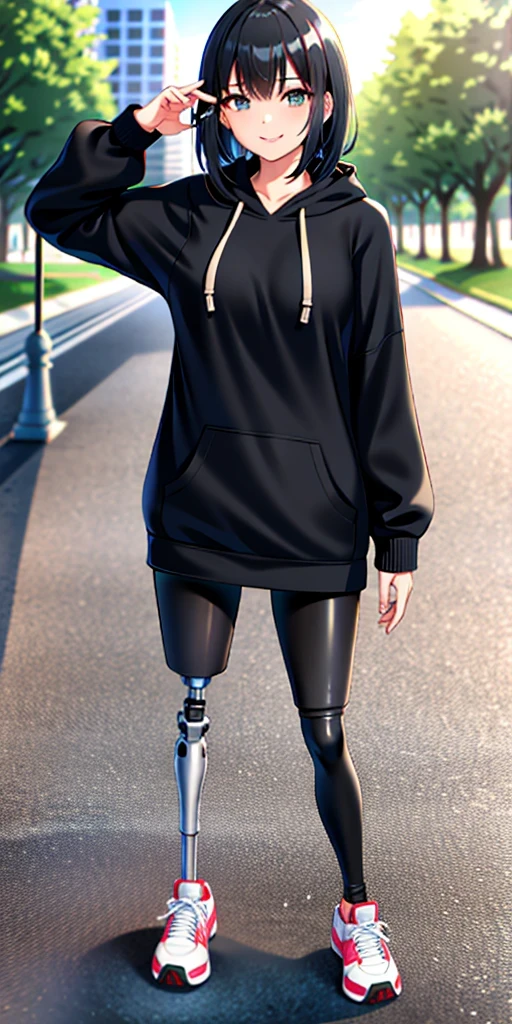 best quality, 1girl, solo, standing, outdoors, medium hair, black hair, straight hair, looking at viewer, medium breasts,  (prosthetic leg:1.2), full body, smiling, two prosthetic legs, sneakers, lycra skirt, oversized_hoddie, black oversized_hoddie. 