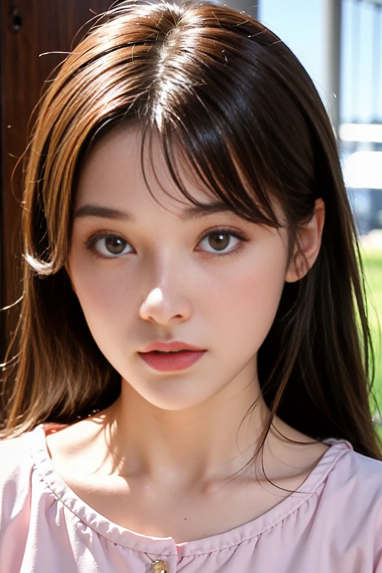 {{10th generation women, White people}}, View your viewers, Hazel Eyes, Very detailed, Brown Hair, Pink clothes, Bully, Mean Girls, Tough girl, Female student, Bruises, scar, Happy, 最high quality, high quality, Very detailed anime screencap, whole body