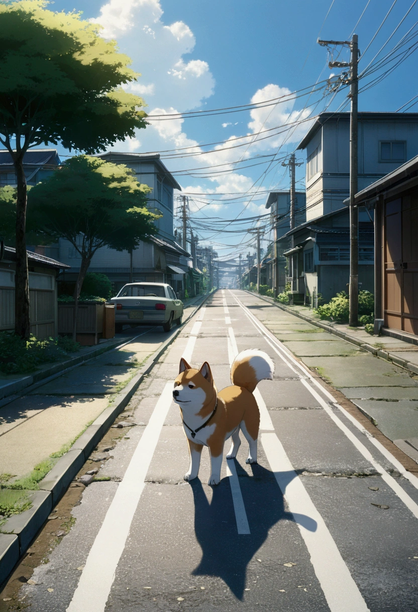 Makoto Shinkai Taste, Beautiful Landscape, In the city, Shiba Inu Puppy, Healing scenes, hope, Detailed Description, Asahi, Angle from afar,