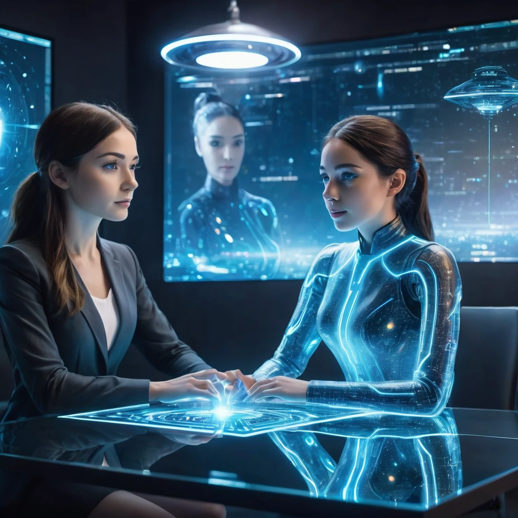 beautiful woman sitting at a table with a hologram girl in front of her, endless collaboration with ai, ai producing the realist, the coming ai singularity, data holograms, strong artificial intelligence, ai researcher, artificial intelligence, computers and holograms, future coder man looking on, depicted as a scifi scene, the image is futuristic, with ai theme, the hologram girl is transparent