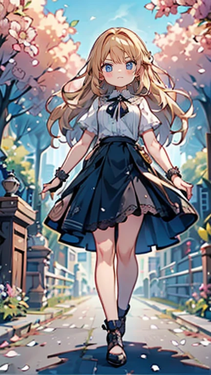 Low angle,from low,((work of art, higher resolution,best qualityer)), (beautiful illustration), ((1 girl,cute,Youngh,beautiful semi long blonde hair,rhombus stripe,gorgeous eyes)),(standing alone),(beautiful elegant office blouse and black skirt),(gazing at viewer), (walking around the Flower Park),
innocent smirk, white above the knees,Lace chalk, bracelet, gloves fingerless, above the knees,
Lace chalk, colar de giornomantes,bracelet, gloves fingerless, aretes, cinematic lighting, Flower Park,big city,busy street,giorno,blue sky,flowers and trees,overcrowded,