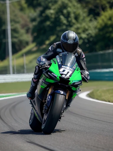 Japanese woman,black hair,27 years old, (slender), (small breasts),best quality, detailed, beautiful, insanely detailed, absurdres,perfect anatomy, motoGP, two women, kawasaki racer replica motorcycles Hang-off while cornering, (motion blur:1.1),