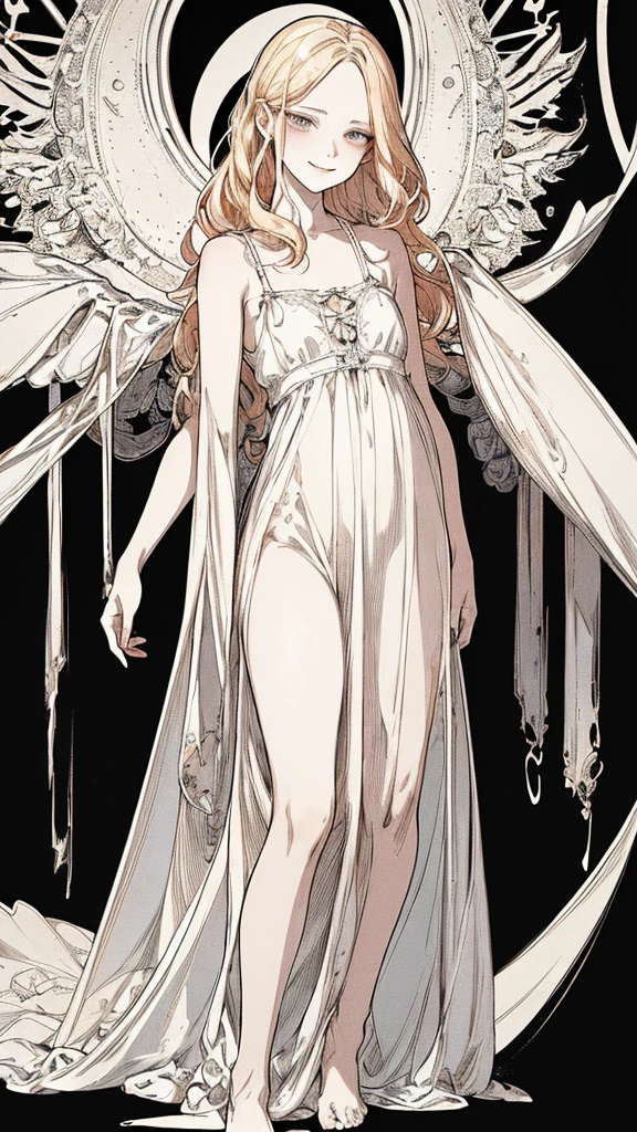 Highest quality, (Background details), High Contrast, Very beautiful girl, Detailed original illustrations,Very small stature、Villain。Fairy, Wavy platinum blonde hair、 Delicate face, charm, Naughty ???、White sundress、Real breasts, Flat Chest、Crazy Smile, Crazy Eyes, Black background, (Black background: 1. 5), Beautiful line art, Monochrome