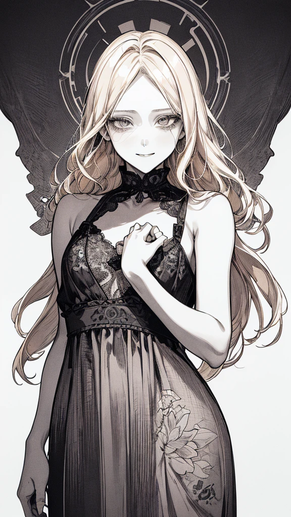 Highest quality, (Background details), High Contrast, Very beautiful girl, Detailed original illustrations,Very small stature、Villain。Fairy, Wavy platinum blonde hair、 Delicate face, charm, Naughty ???、White sundress、Real breasts, Flat Chest、Crazy Smile, Crazy Eyes, Black background, (Black background: 1. 5), Beautiful line art, Monochrome