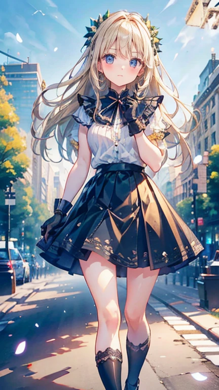 Low angle,from low,((work of art, higher resolution,best qualityer)), (beautiful illustration), ((1 girl,cute,Youngh,beautiful semi long blonde hair,rhombus stripe,gorgeous eyes)),(standing alone),(beautiful elegant office blouse and black skirt),(gazing at viewer), (walking around the Flower Park),
innocent smirk, white above the knees,Lace chalk, bracelet, gloves fingerless, above the knees,
Lace chalk, colar de giornomantes,bracelet, gloves fingerless, aretes, cinematic lighting, Flower Park,big city,busy street,giorno,blue sky,flowers and trees,overcrowded,