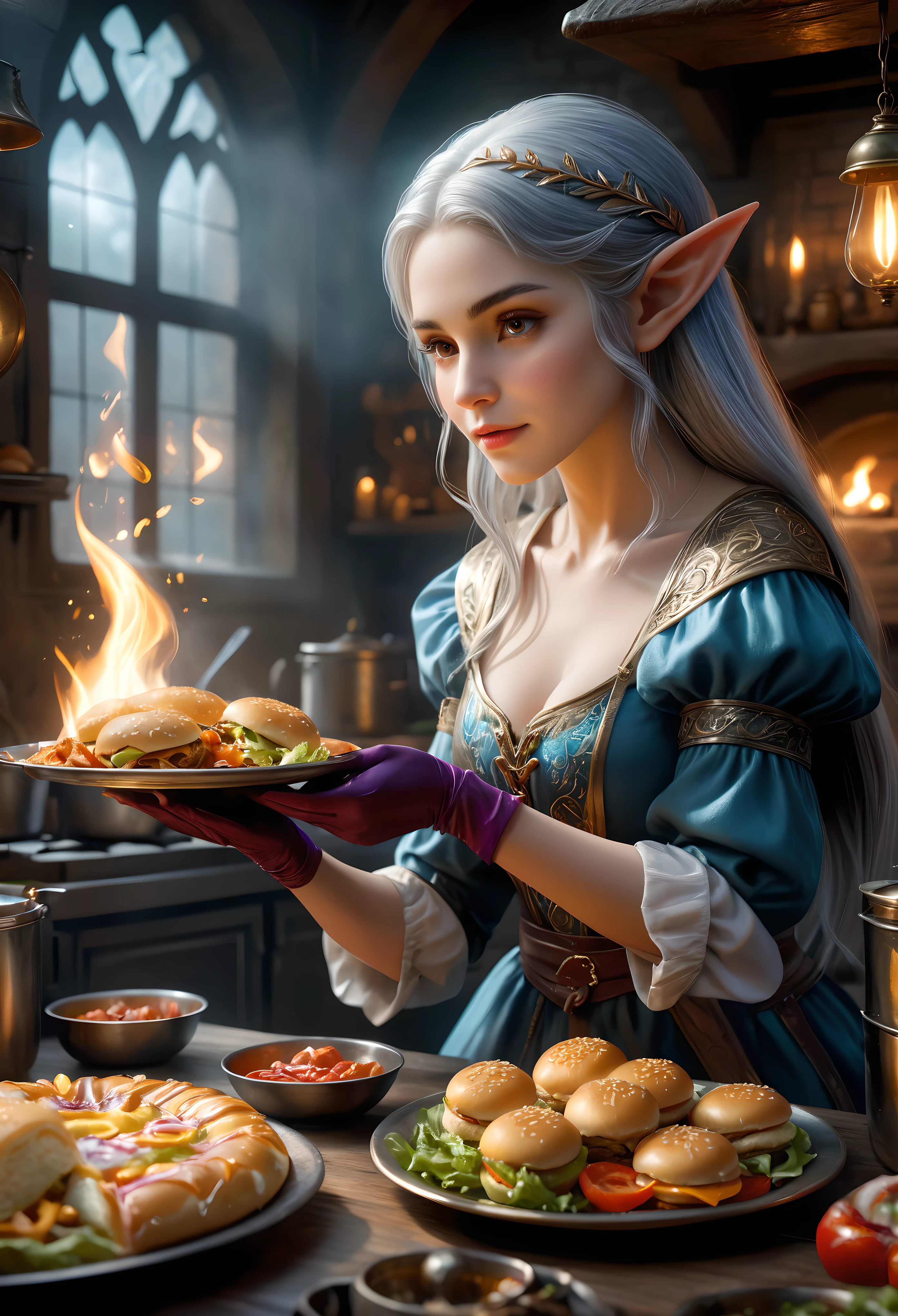 a pretty silver hair female elf cooking fast food with magic, magical fast food kitchen, medieval cooking utensils, magical handgloves, fantasy atmosphere, dramatic lighting, intricate details, cinematic composition, vibrant colors, ethereal, mystical, cosmic, magical culinary, medieval style, oil painting, masterpiece, best quality, 16k, hyperrealistic, ultra-detailed | (visual experience),(Realism), (Realistic),award-winning graphics, dark shot, film grain, extremely detailed, Digital Art, rtx, Unreal Engine, scene concept anti glare effect, All captured with sharp focus. | Rendered in ultra-high definition with UHD and retina quality, this masterpiece ensures anatomical correctness and textured skin with super detail. With a focus on high quality and accuracy, this award-winning portrayal captures every nuance in stunning 16k resolution, immersing viewers in its lifelike depiction. | ((anatomical correctness))), (((perfect_fingers))), (((perfect_legs))), (((perfect_hands))), ((perfect_composition, perfect_design, perfect_layout, perfect_detail, ultra_detailed)), ((enhance_all, fix_everything)), More Detail, Enhance.
