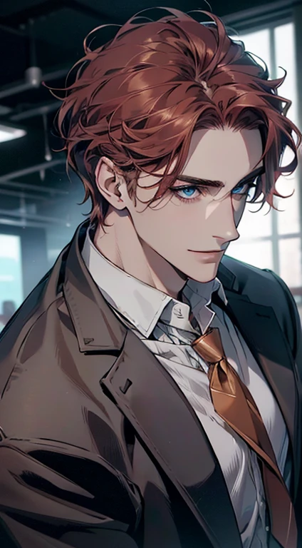 (Highest quality,4K,8K,High resolution,masterpiece:1.2),Super detailed,(Realistic,photoRealistic,photo-Realistic:1.37),1 person,31 years old,Mature Men,Beautiful skin、Profile、very handsome,Expressionless,smile,Short gray red hair,blue eyes,Sharp Eyes,A perfect face without a doubt,Businessman,Office Background,Cinema Lighting,HDR image,tie、
