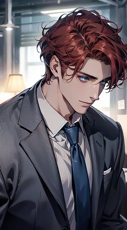 (Highest quality,4K,8K,High resolution,masterpiece:1.2),Super detailed,(Realistic,photoRealistic,photo-Realistic:1.37),1 person,31 years old,Mature Men,Beautiful skin、Profile、very handsome,Expressionless,smile,Short gray red hair,blue eyes,Sharp Eyes,A perfect face without a doubt,Businessman,Office Background,Cinema Lighting,HDR image,tie、