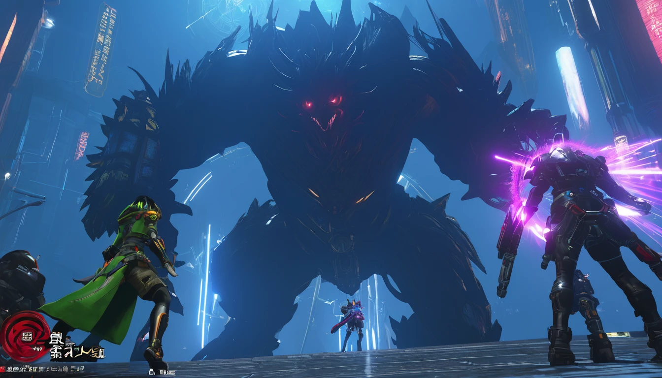 Guild Dungeon、The moment when a giant enemy is defeated with a special move、Zoomed-in image、cyber punk