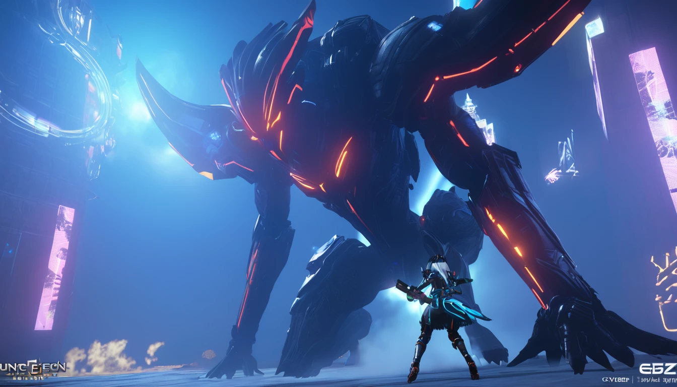Guild Dungeon、The moment when a giant enemy is defeated with a special move、Zoomed-in image、cyber punk