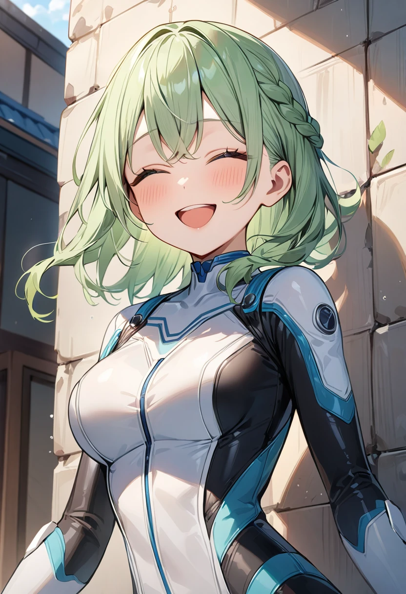 (masterpiece, top quality, very aesthetic, 4k、illustration), intricate detail, 1girl,Standing in front of a wall、(upper body)、happy smile、Open mouth、closed eyes、(braid hair)、
Cute 、light green hair、,middle hair,sidelock ,,blue eyes、pilot suit、Tight Suit、,medium breasts、Slim 、