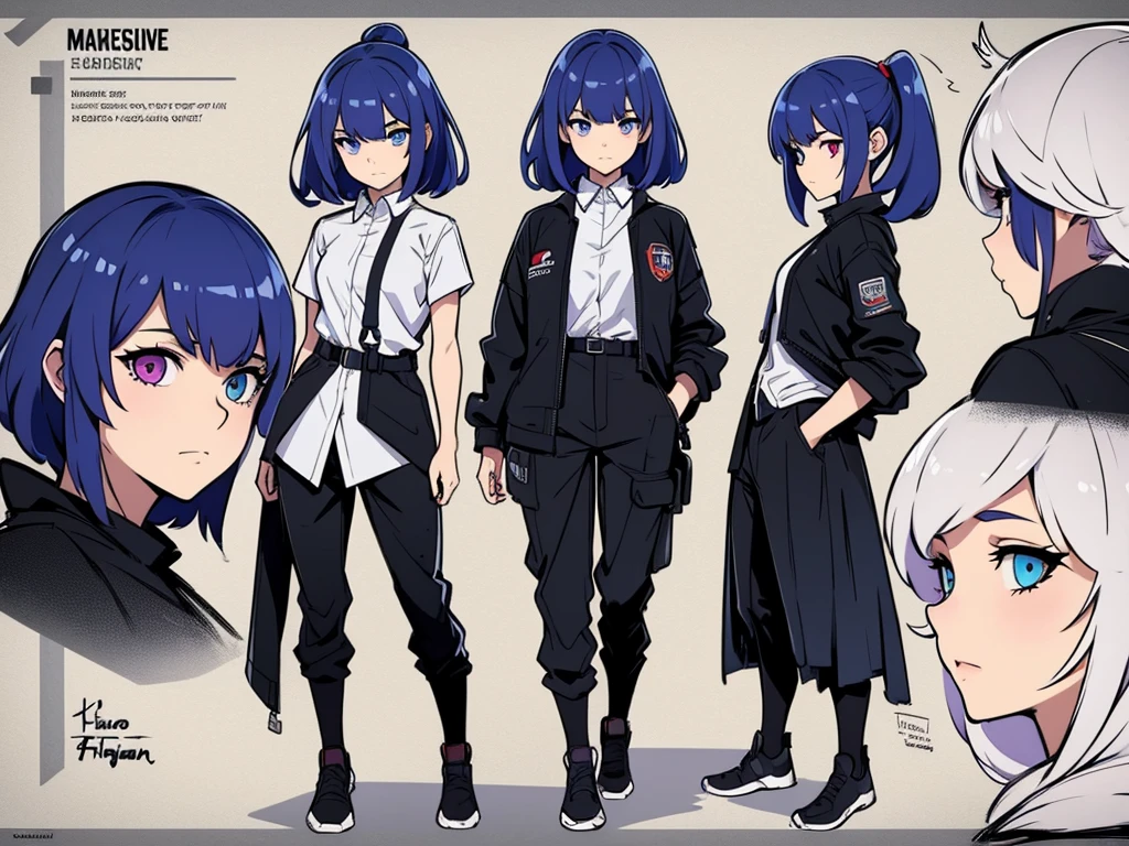 (masterpiece), best quality, high quality art, very detailed texture, super detailed picture high detail texture, high texture detail, super detailed render, hd detailed texture, standing, full body, 1girl, blue eyes, purple eyes in left eyes, red eyes in right eyes, heterochromia eyes, pixie hairstyle hair, blue hair, white shirt, black long pants, various expression, front back and side view of character