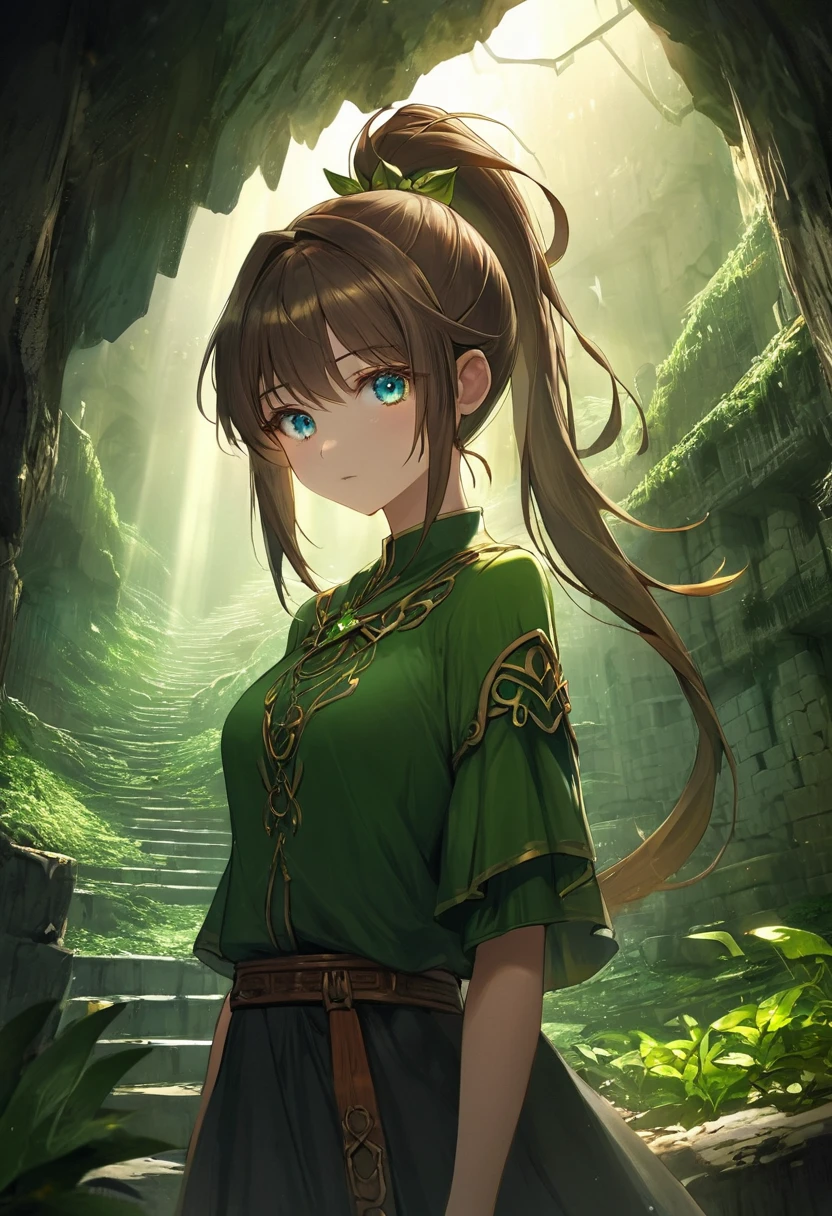1girl,masterpiece,best quality,8k,ultra-detailed,highly detailed face,extremely detailed eyes and face,longeyelashes,green and gold huntress outfit,short brown hair tied up in a ponytail,in a verdant cave dungeon,fantasy,atmospheric lighting,dramatic lighting,mysterious,intricate detailing,photorealistic,cinematic,ambient occlusion,volumetric lighting,chiaroscuro,dramatic shadows,moody colors
