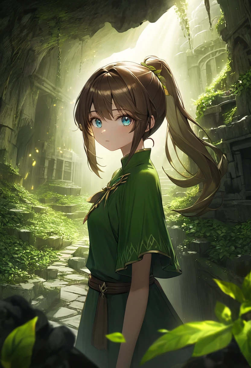 1girl,masterpiece,best quality,8k,ultra-detailed,highly detailed face,extremely detailed eyes and face,longeyelashes,green and gold huntress outfit,short brown hair tied up in a ponytail,in a verdant cave dungeon,fantasy,atmospheric lighting,dramatic lighting,mysterious,intricate detailing,photorealistic,cinematic,ambient occlusion,volumetric lighting,chiaroscuro,dramatic shadows,moody colors
