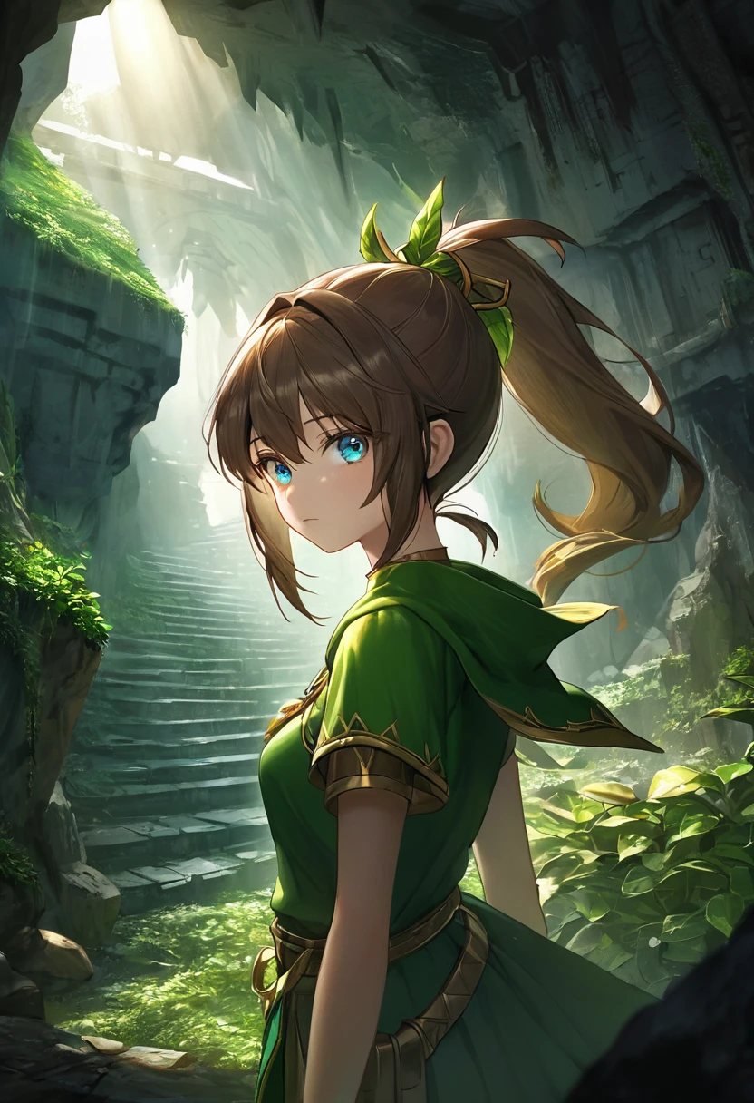 1girl,masterpiece,best quality,8k,ultra-detailed,highly detailed face,extremely detailed eyes and face,longeyelashes,green and gold huntress outfit,short brown hair tied up in a ponytail,in a verdant cave dungeon,fantasy,atmospheric lighting,dramatic lighting,mysterious,intricate detailing,photorealistic,cinematic,ambient occlusion,volumetric lighting,chiaroscuro,dramatic shadows,moody colors