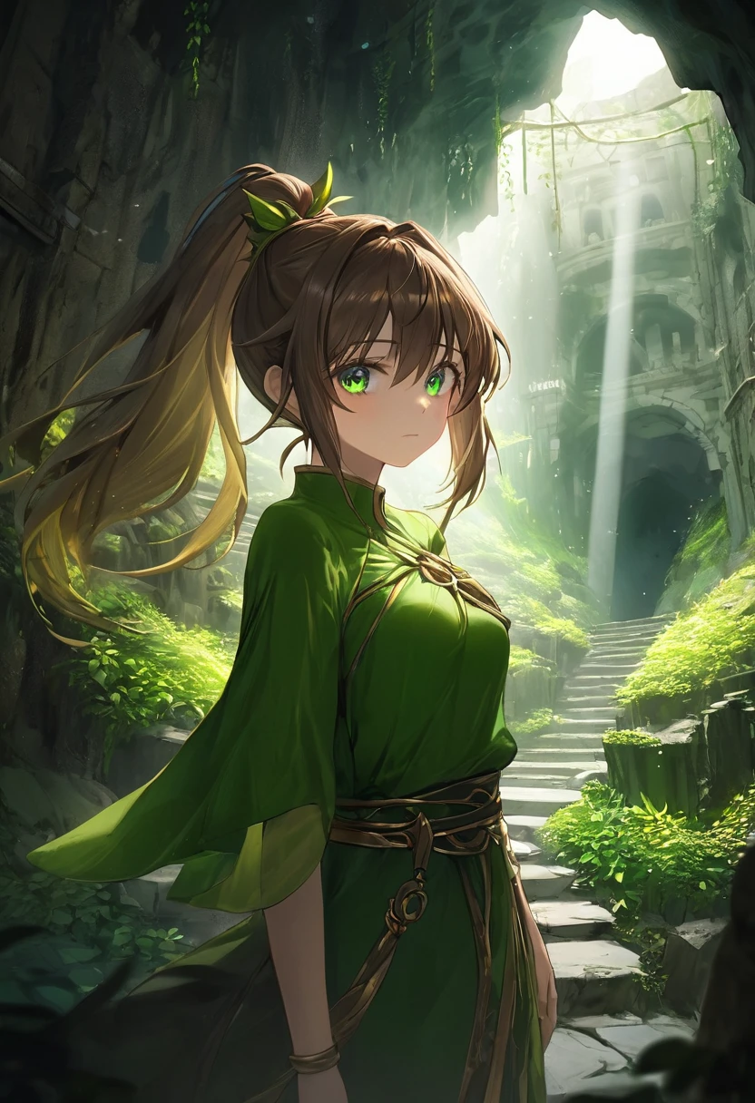 1girl,masterpiece,best quality,8k,ultra-detailed,highly detailed face,extremely detailed eyes and face,longeyelashes,green and gold huntress outfit,short brown hair tied up in a ponytail,in a verdant cave dungeon,fantasy,atmospheric lighting,dramatic lighting,mysterious,intricate detailing,photorealistic,cinematic,ambient occlusion,volumetric lighting,chiaroscuro,dramatic shadows,moody colors
