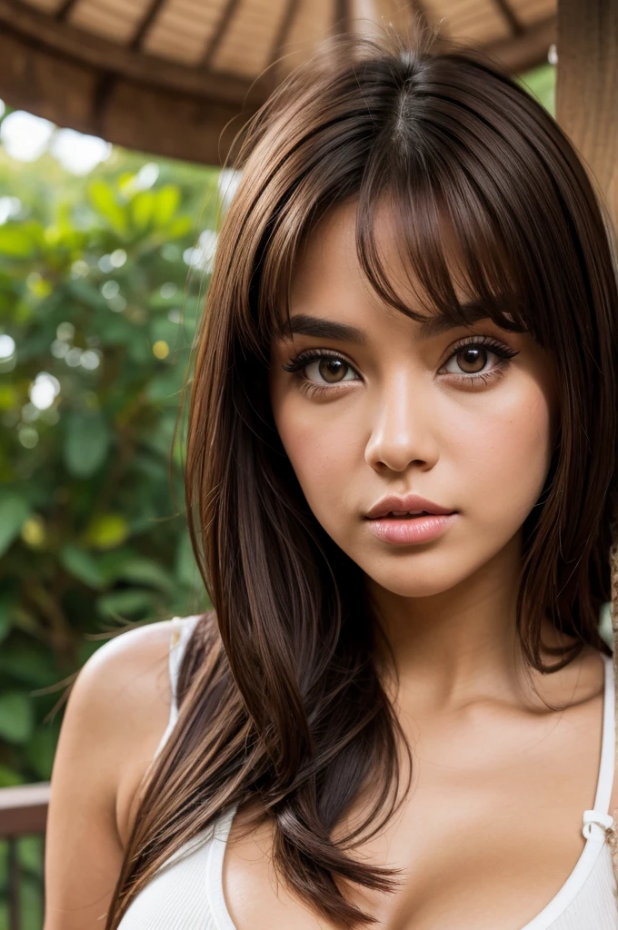 Women, thick lips, large eyes, small nose, rounded face, straight brown hair, big tits