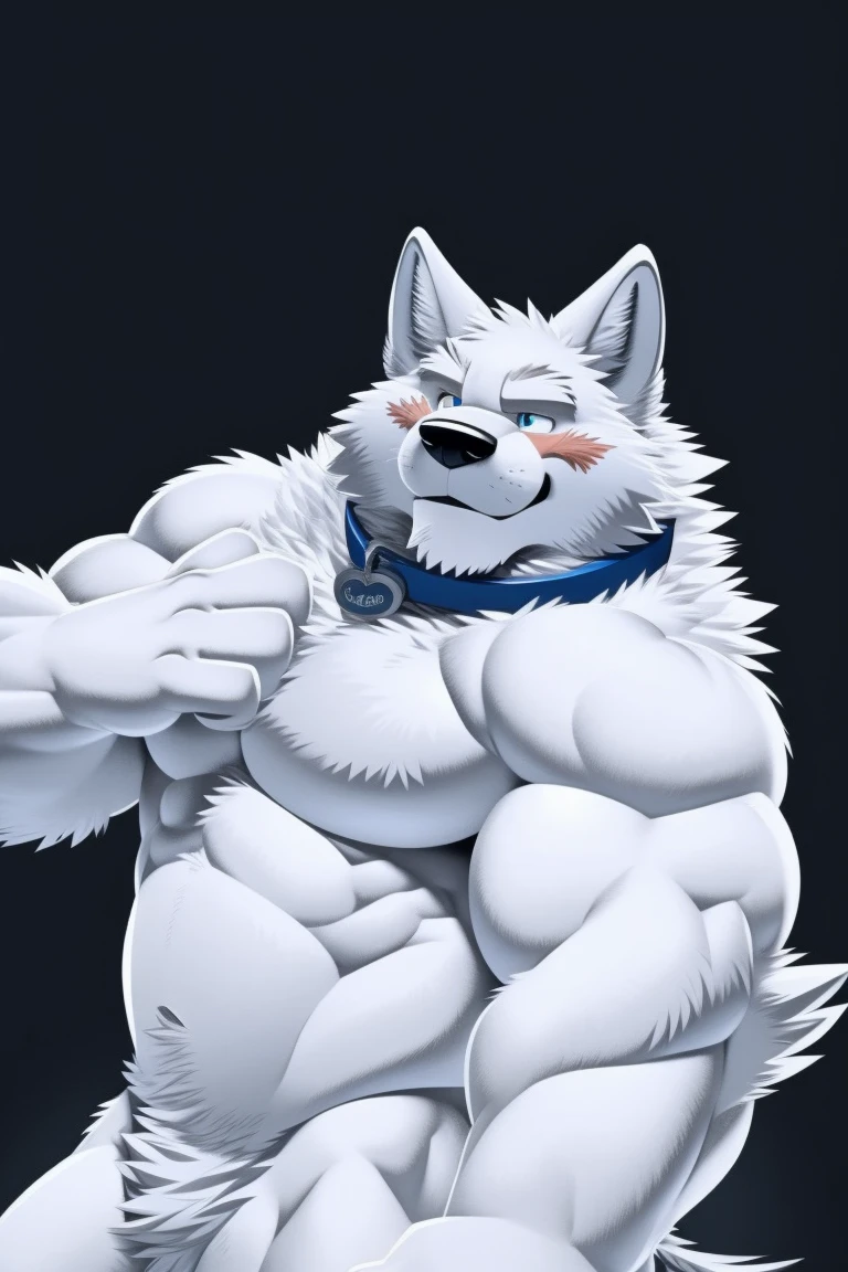 Gray Wolf, (All white fur:1.5), Solitary, Perfect sky blue eyes, collar, Wearing a white suit, (artist:Takemoto Arashi), Look at the audience, Mature face, Elders, Simple background, Naughty face, Flash, Long eyelashes, Naughty face, Reach out, from the side, Tonality, Standing picture, best quality, Ultra HD, Super Detail, High Detail