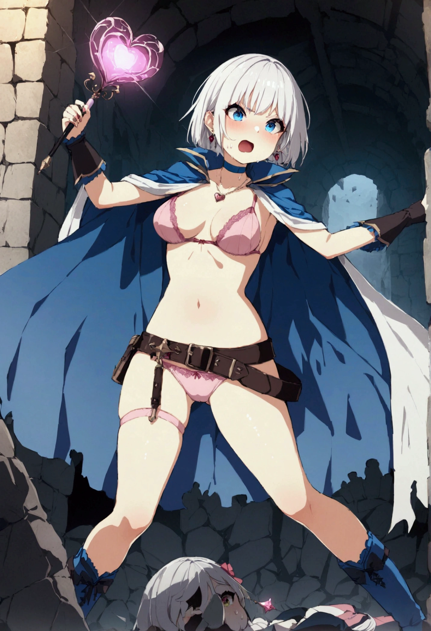 masterpiece, Highest quality, Highest quality, High resolution, concentrated、You can see the top and bottom of your underwear(Pink underwear)、Open chest、The crotch is open、Intense battle scenes、A warrior girl fighting many goblins face to face(hold magic wand)(Shoot fire magic)(Desperate look)(Horizontal)(White Hair)(Blue clothes)(Cape)(choker)(belt){Heart Necklace}(Thigh knee-high socks)(Tear bags)(Earrings)(boots)(Clothes get a little torn)、Fighting Goblins、Full body angle、Side view、Drops of sweat fly、Inside the ruins、Distant camera work、Speed、