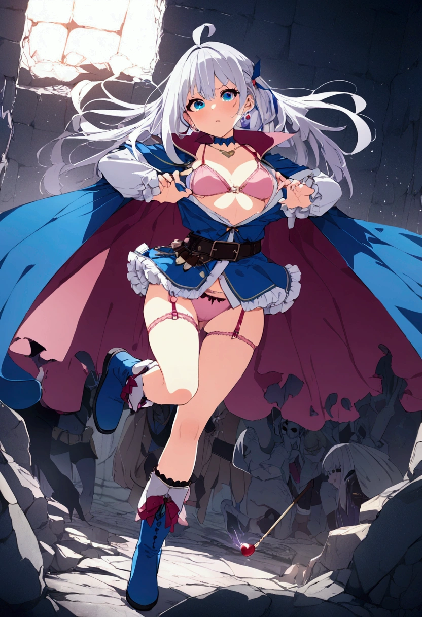 masterpiece, Highest quality, Highest quality, High resolution, concentrated、You can see the top and bottom of your underwear(Pink underwear)、Open chest、The crotch is open、Intense battle scenes、A warrior girl fighting many goblins face to face(hold magic wand)(Shoot fire magic)(Desperate look)(Horizontal)(White Hair)(Blue clothes)(Cape)(choker)(belt){Heart Necklace}(Thigh knee-high socks)(Tear bags)(Earrings)(boots)(Clothes get a little torn)、Fighting Goblins、Full body angle、Side view、Drops of sweat fly、Inside the ruins、Distant camera work、Speed、