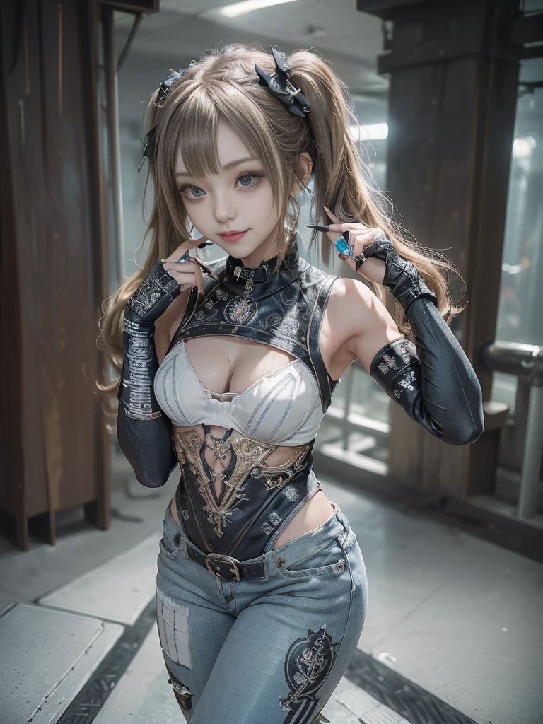 (Full Body View:1.3)、(Side view:1.1)、(Smiling with teeth showing:1.3),(Shibuya Gal:1.5)、(Gothic Lolita style fashion:1.5)、(Punk RockVisual Kei:1.5)、(Wearing a rhythmic gymnastics bodysuit with intricate details:1.4)、(Racing suit and pants with intricate decorations in white, denim and charcoal:1.5)、(Denim and light blue and white boots:1.3)、((belt))、(Numerous delicate logo marks all over the costume:1.4)、(collar:1.3)、(Striped underwear:1.5)、20-year-old、NSFW、((Highest quality、In 8K、masterpiece:1.3))、Sharp focus:1.2、(Layered Cut、Huge boobs:1.1),Beautiful woman with perfect figure:1.4、(Doing an aerobics pose:1.3)、Slender Abs:1.2、Highly detailed face and skin texture、Detailed eyes、double eyelid,(Twin tails:1.3)、(Brown-golden hair:1.3)、Gravure idol、(The background is a beautiful crystal underground palace:1.3)、(Slim body:1.3),(Make your legs thinner:1.4),(Thin thighs:1.1)、(clavicle:1.1)