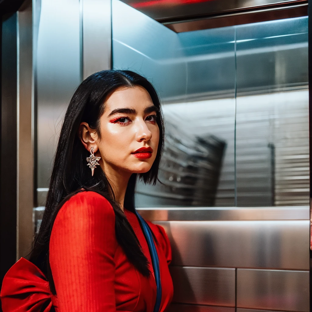 a beautiful woman with long black hair, wearing a red dress with blue accents, posing in an elevator, photoshoot for album cover, Dua Lipa, masterpiece, ultra-detailed, photorealistic, high quality, dramatic lighting, cinematic, elegant, intricate details, expressive facial features, dramatic pose, glamour, fashion photography, editorial