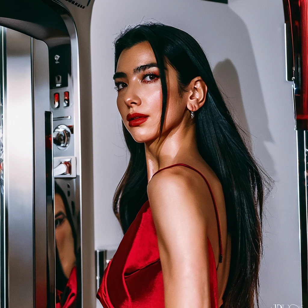 a beautiful woman with long black hair, wearing a red dress with blue accents, posing in an elevator, photoshoot for album cover, Dua Lipa, masterpiece, ultra-detailed, photorealistic, high quality, dramatic lighting, cinematic, elegant, intricate details, expressive facial features, dramatic pose, glamour, fashion photography, editorial