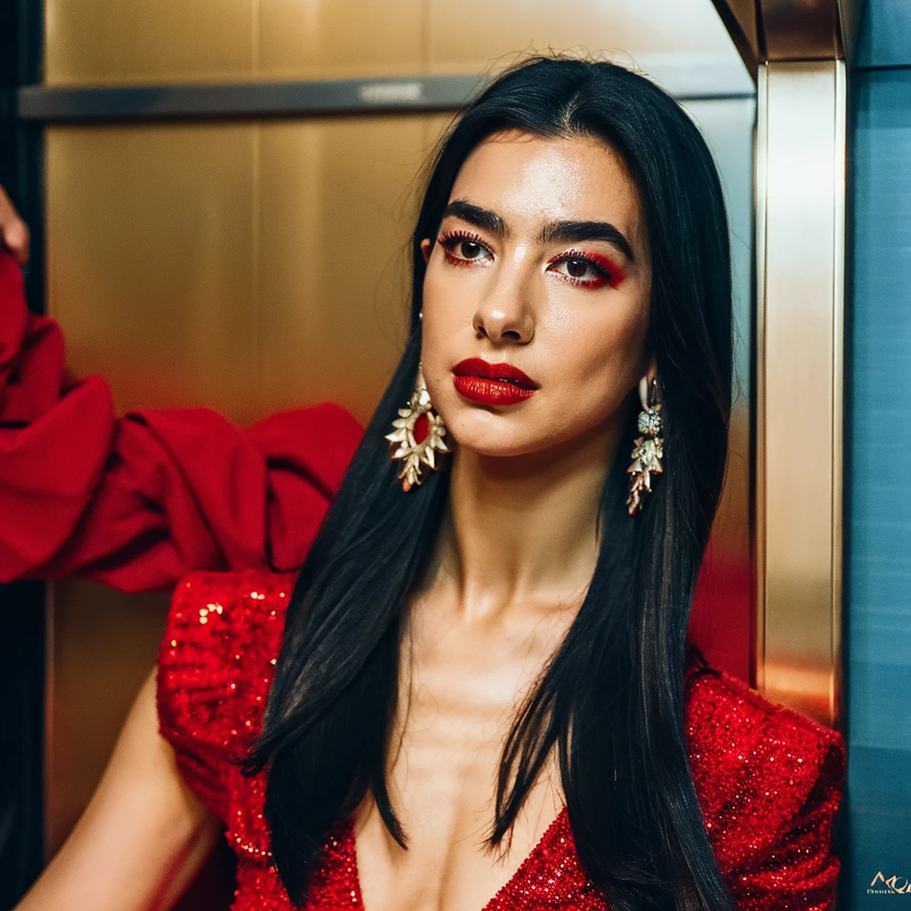 a beautiful woman with long black hair, wearing a red dress with blue accents, posing in an elevator, photoshoot for album cover, Dua Lipa, masterpiece, ultra-detailed, photorealistic, high quality, dramatic lighting, cinematic, elegant, intricate details, expressive facial features, dramatic pose, glamour, fashion photography, editorial