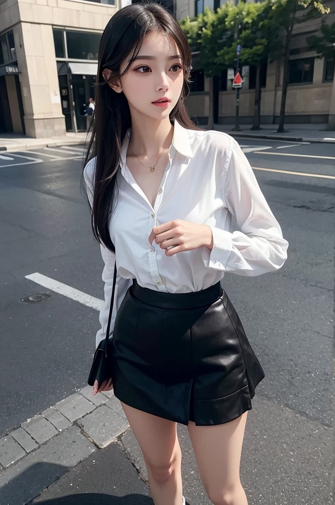 a beautiful young woman, full body shot, extremely detailed face and eyes, flawless skin, long eyelashes, delicate features, serene expression, cut lighting, warm color tones, photorealistic, 8k, best quality, masterpiece. wearing black and white checked miniskirt. waling on the pavement.