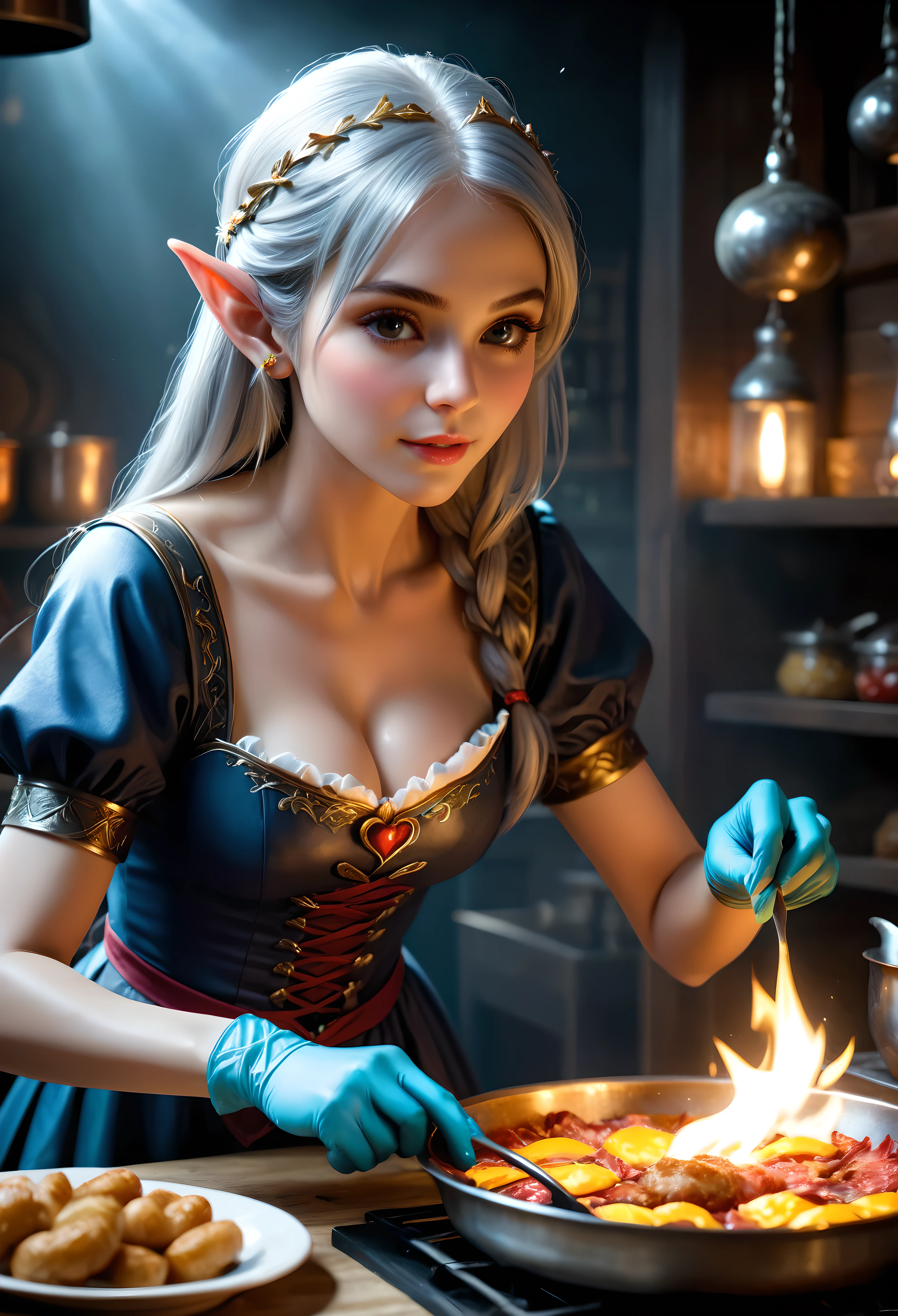 a pretty silver hair female elf cooking fast food with magic, magical fast food kitchen, medieval cooking utensils, magical handgloves, fantasy atmosphere, dramatic lighting, intricate details, cinematic composition, vibrant colors, ethereal, mystical, cosmic, magical culinary, medieval style, oil painting, masterpiece, best quality, 16k, hyperrealistic, ultra-detailed | (visual experience),(Realism), (Realistic),award-winning graphics, dark shot, film grain, extremely detailed, Digital Art, rtx, Unreal Engine, scene concept anti glare effect, All captured with sharp focus. | Rendered in ultra-high definition with UHD and retina quality, this masterpiece ensures anatomical correctness and textured skin with super detail. With a focus on high quality and accuracy, this award-winning portrayal captures every nuance in stunning 16k resolution, immersing viewers in its lifelike depiction. | ((anatomical correctness))), (((perfect_fingers))), (((perfect_legs))), (((perfect_hands))), ((perfect_composition, perfect_design, perfect_layout, perfect_detail, ultra_detailed)), ((enhance_all, fix_everything)), More Detail, Enhance.
