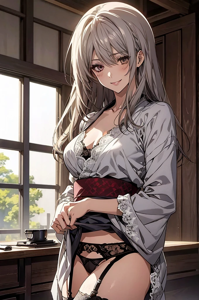 (Highest quality, High resolution, Very detailed), 1 female, Silver Hair, Long Hair, Reddish brown eyes, Japanese yukata costume, lace thong, garter belt, 24th generation, Beautiful woman, mature, quiet, Calm, Large Breasts, A small smile, office,