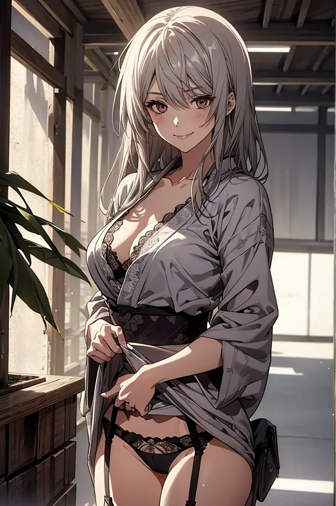 (Highest quality, High resolution, Very detailed), 1 female, Silver Hair, Long Hair, Reddish brown eyes, Japanese yukata costume, lace thong, garter belt, 24th generation, Beautiful woman, , quiet, Calm, Large Breastall smile, office,