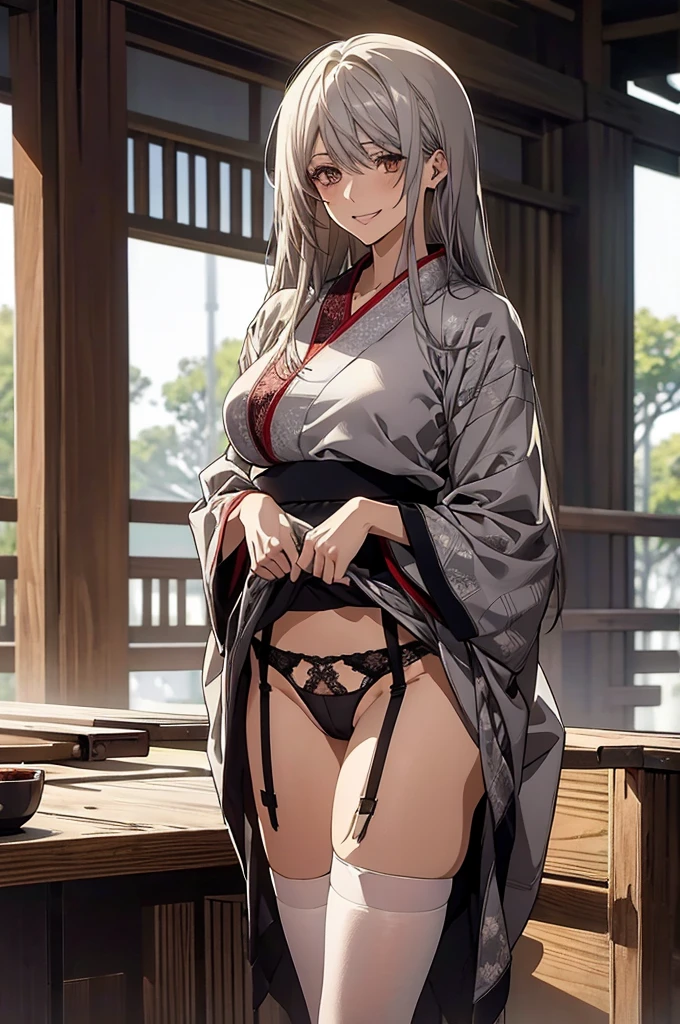 (Highest quality, High resolution, Very detailed), 1 female, Silver Hair, Long Hair, Reddish brown eyes, Japanese yukata costume, lace thong, garter belt, 24th generation, Beautiful woman, mature, quiet, Calm, Large Breasts, A small smile, office,