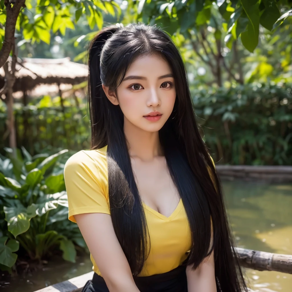 realistic: Open the aperture wide., professional lighting, Sony A7R4, 50 mm sitting lens. 2 ; Warm light, (digital painting, HDR ภาพถ่ายหน้าตรงThai anime, Female anime Araffe 25 30 years old, realistic: Open the aperture wide., professional lighting, Sony A7R4, 50 mm sitting lens. 2 ; Warm light, (digital painting, HDR, high contrast (digital painting, HDR, high contrast),Old jeans torn, bright colored t-shirts, Looking straight at you intently, Long-haired woman with a round face, Red cheeks, Pink cheeks, black eyes ตาสองชั้น, black eyes, Thai anime, Has a large chest size of 38 inches.,  ponytail woman, flowing black hair, long flowing black hair, she has black hair, Her black hair was long and wavy., beautiful black hair, Extra dark natural black hair, The shirt is tight., Looks hot., ,black eyes,abdominal muscles, rounded chest, outdoor, The background is a rice field., There is an old thatched Thai-style hut in the background., The evening sun shines, beautiful female model, jaw-dropping beauty, realistically, 