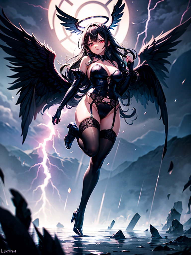 Highest quality,Highest Resolution,Beautiful girl with angry face in gothic ta leotard,High leg,(((Floating in the air))),Halo,Night Sky,Severe lightning strike,Thick Lightning,Very beautiful red eyes,rain,(((Black angel wings on the back))),whole body,front,Purple long hair,In hand1with two big spears,Knee-high stockings,garter belt,Floating in the air,darkness,