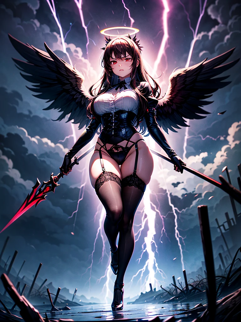 Highest quality,Highest Resolution,Beautiful girl with angry face in gothic ta leotard,High leg,(((Floating in the air))),Halo,Night Sky,Severe lightning strike,Thick Lightning,Very beautiful red eyes,rain,(((Black angel wings on the back))),whole body,front,Purple long hair,In hand1with two big spears,Knee-high stockings,garter belt,Floating in the air,darkness,